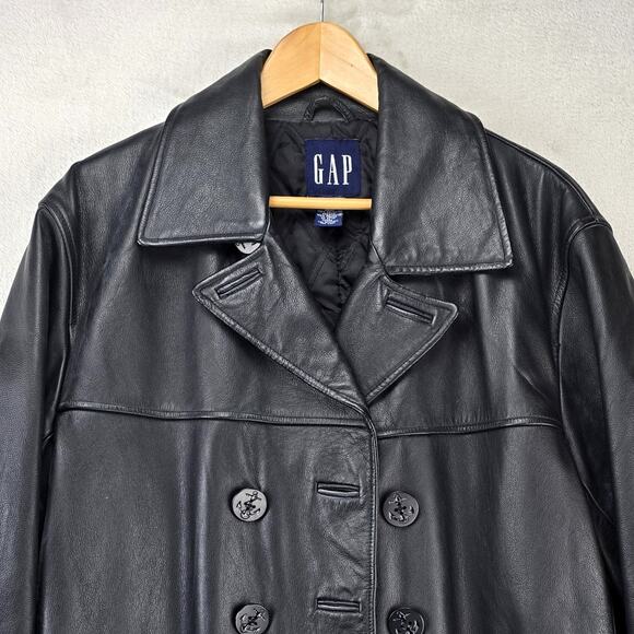 Vintage Gap Leather Jacket Mens Medium Black Peacoat Overcoat Y2K Quilted Lined - Picture 2 of 14